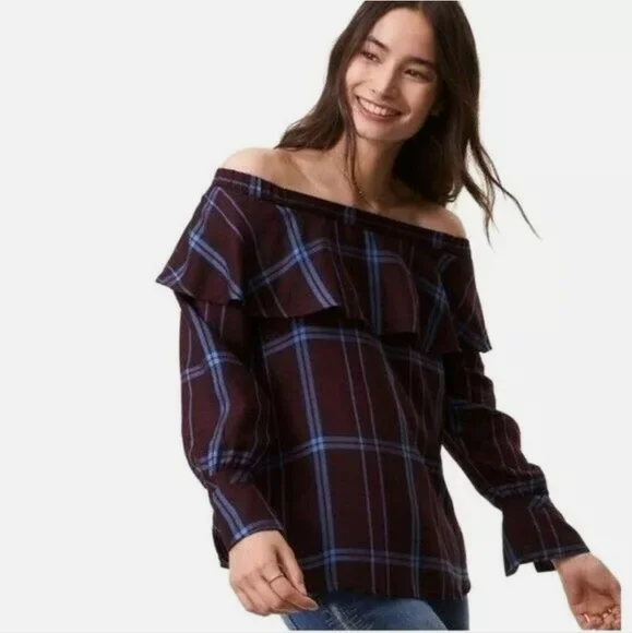 Loft Plaid Off Shoulder Long Sleeve Ruffle Top Blouse Women's Size XXSP NWOT. - Picture 1 of 9